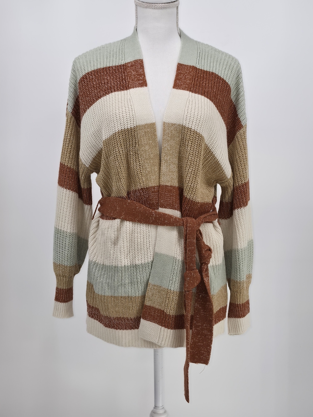 Nine West Stripe Belted Open Cardigan Medium Cozy Fall Neutral Sweater